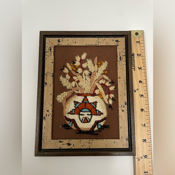 Vintage  Crewel Embroidery Southwest Native Design Framed Wall Art - Picture 2 of 4